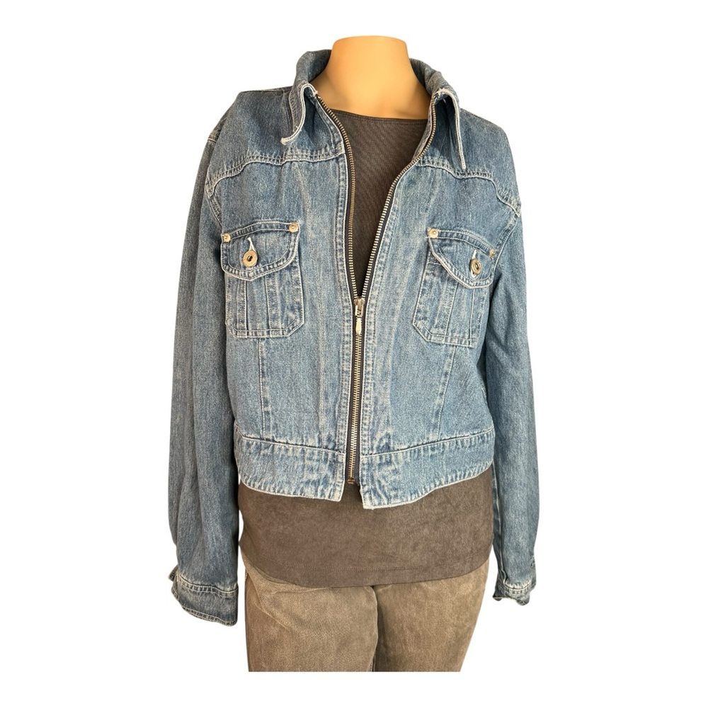 Vintage Express FXP Denim Jacket – Cropped Zip-Up Jean Jacket – Size L